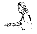 drawing: woman with a walkman-like device on her back and a cube in her hand